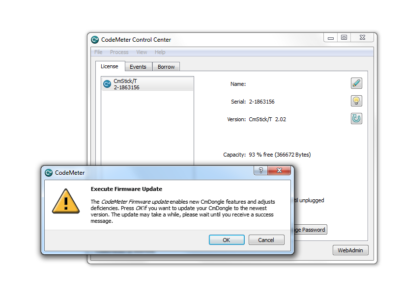 CodeMeter Execute Firmware Update dialog with OK and Cancel buttons
