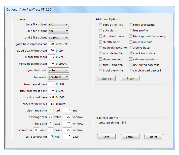 Auto PeakTrace 6 RP 6.10 Options Window