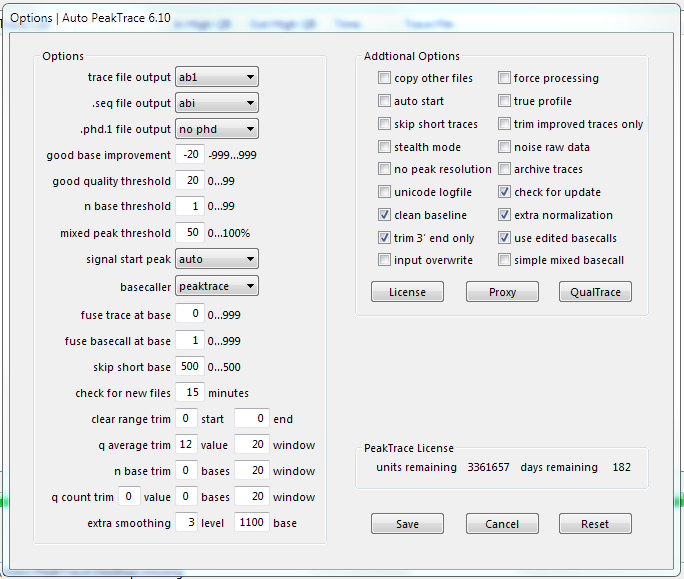 Auto PeakTrace 6.10 Options Window