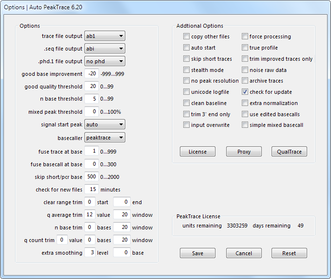 Auto PeakTrace Options Menu