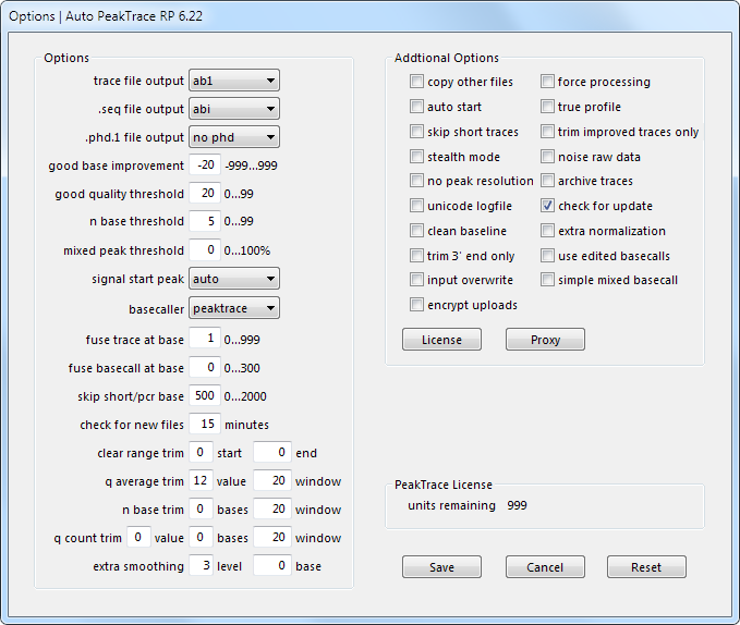 Auto PeakTrace RP 6.22 Options Window