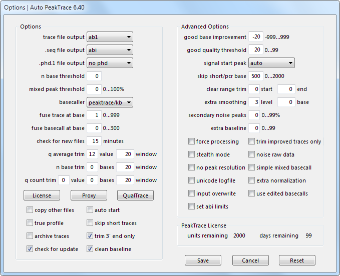 Auto PeakTrace 6.40 Options Window