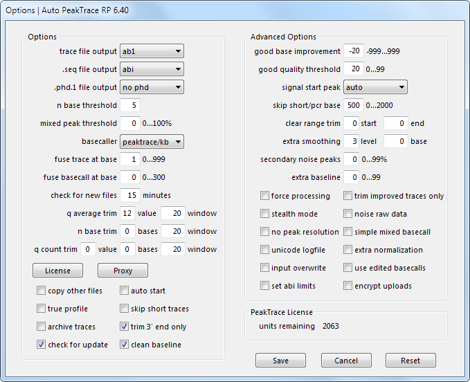 Auto PeakTrace RP 6.40 Options Menu