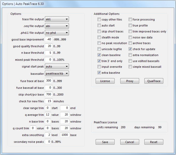 Auto PeakTrace 6.30 Options Window