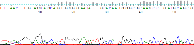 Figure 3. PeakTrace Basecalled trace using fuse trace of 1 without the use of use edited basecalls.