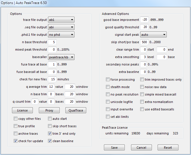 Auto PeakTrace 6.50 Options Window