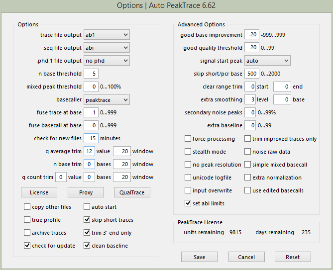 Auto PeakTrace 6.62 Options