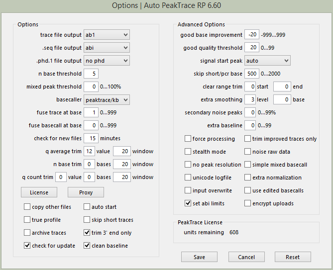 Auto PeakTrace RP 6.60 Options window