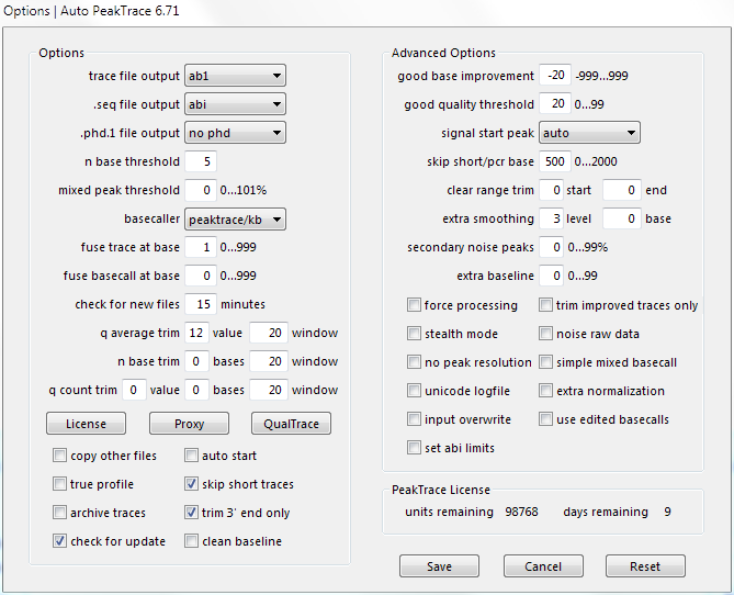 Auto PeakTrace 6.71 Options Window