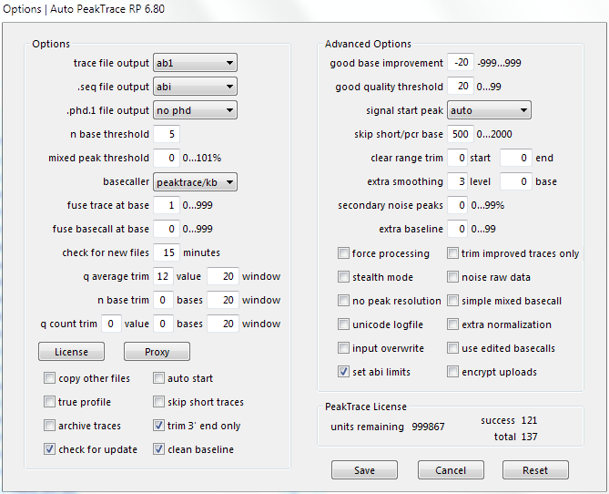 Auto PeakTrace RP 6.80 Options Window