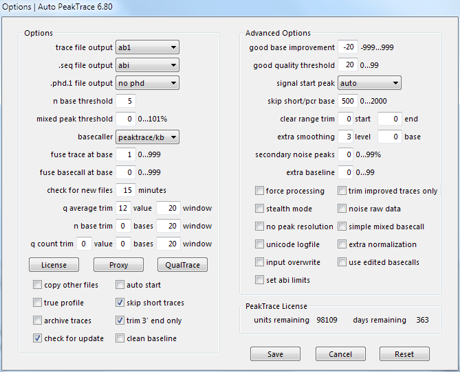 Auto PeakTrace 6.80 Options Window