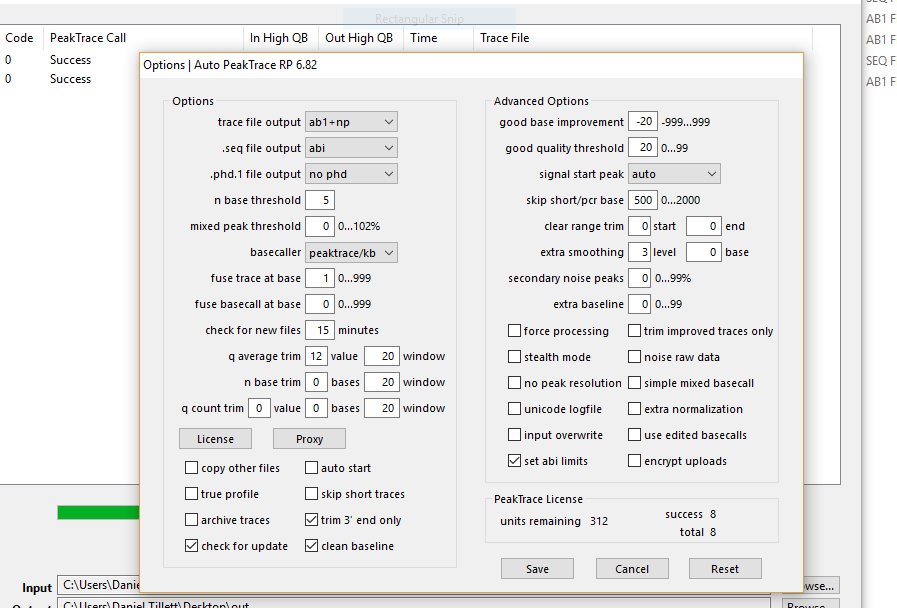 Auto PeakTrace RP 6.82 Options Window