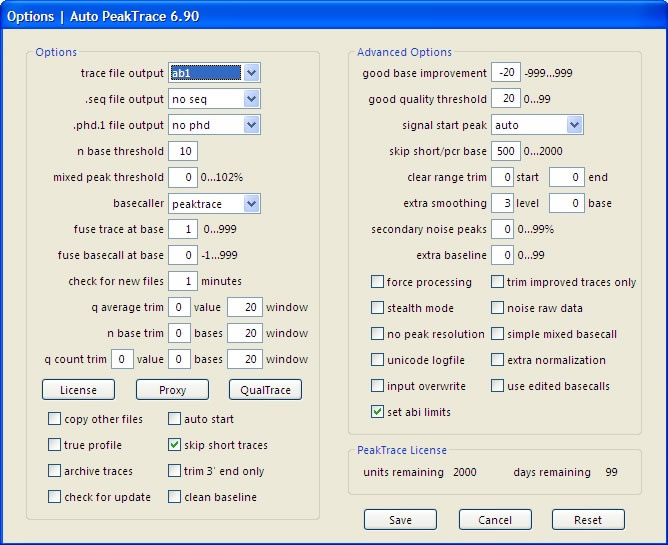 Auto PeakTrace 6.90 Options Window