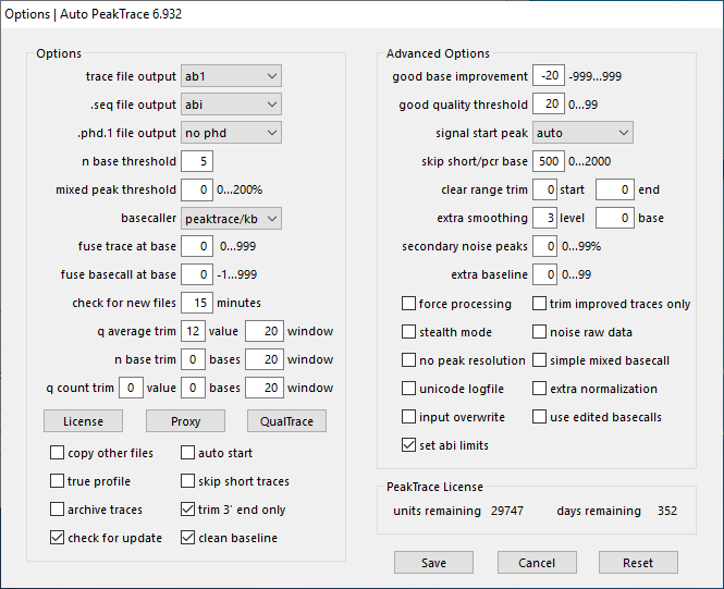 Auto PeakTrace 6.932 Options